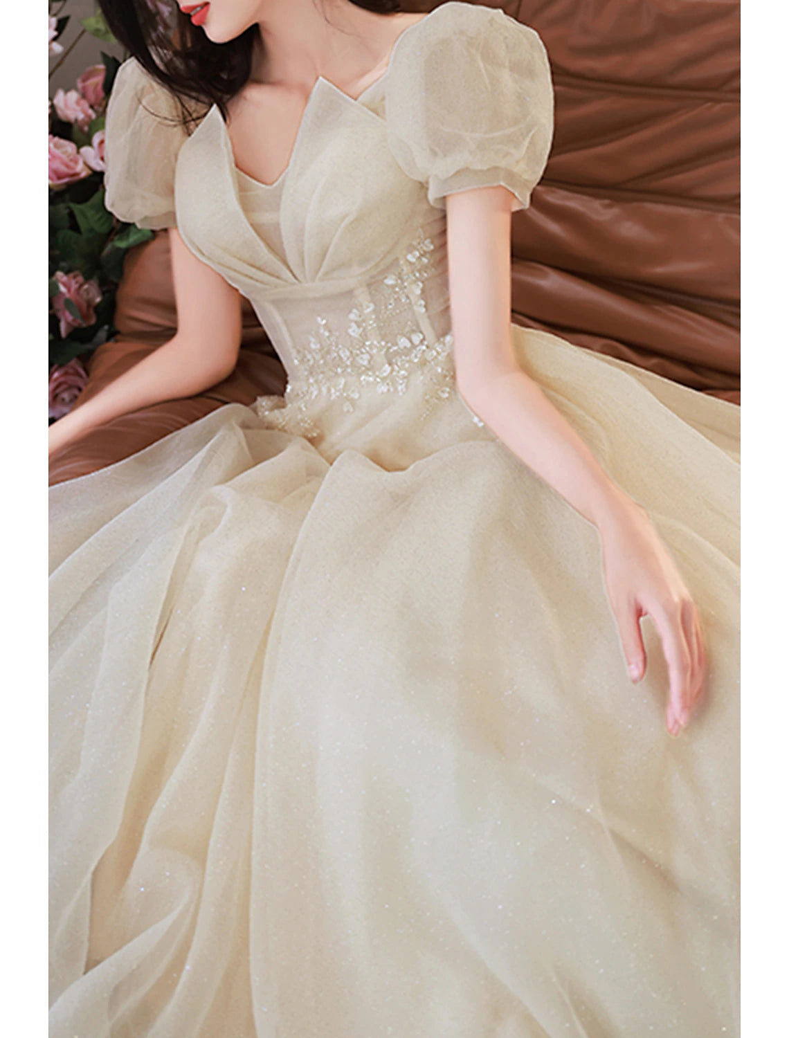 Robe de soirée de bal trapèze scintillante et brillante, longueur au sol, manches courtes, col en V, tulle, pour la Saint-Valentin